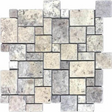 Silver Travertine Tumbled Micro-Pattern (Mini Versailles) Mosaic Tile