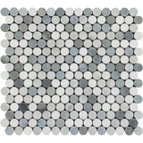 Thassos White Marble Polished Penny Round Mosaic Tile w/ Blue Gray Dots