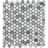 Carrara White Marble Polished Penny Round Mosaic Tile w / Blue Gray Dots