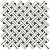 Thassos White Marble Polished Stanza Basketweave Mosaic Tile w/ Black Dots