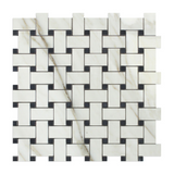 Calacatta Gold Marble Polished Basketweave Mosaic Tile w/ Black Dots