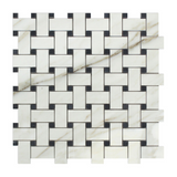 Calacatta Gold Marble Polished Basketweave Mosaic Tile w/ Black Dots