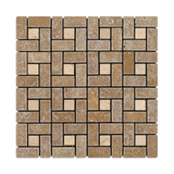 Noce Travertine Tumbled Large Pinwheel Mosaic Tile w/ Ivory Dots