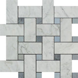 Carrara White Marble Polished Large Basketweave Mosaic Tile w/ Blue-Gray Dots