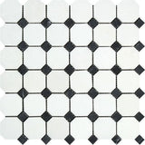 Thassos White Marble Polished Octagon Mosaic Tile w/ Black Dots