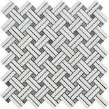 Thassos White Marble Honed Stanza Basketweave Mosaic Tile w/ Blue-gray Dots