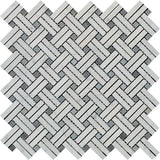 Carrara White Marble Polished Stanza Basketweave Mosaic Tile w/ Blue Gray Dots