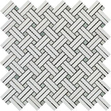 Thassos White Marble Honed Stanza Basketweave Mosaic Tile w/ Ming Green Dots