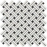 Thassos White Marble Polished Stanza Basketweave Mosaic Tile w/ Black Dots